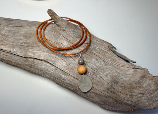 Genuine Sea Glass Lake Superior 24” Yooperlite UV Pendant Genuine Leather Boho Zen Necklace