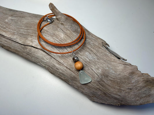 Genuine Sea Glass Lake Superior 24” Yooperlite UV Pendant Genuine Leather Boho Zen Necklace
