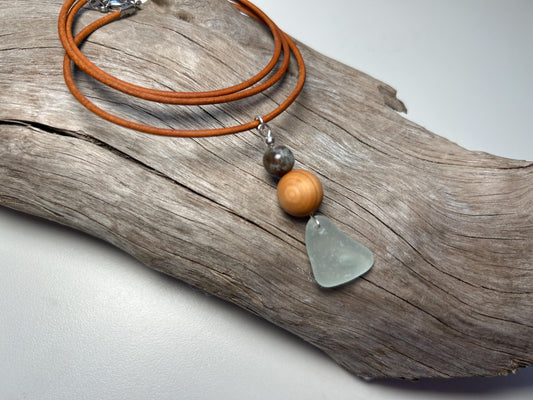 Genuine Sea Glass Lake Superior 24” Yooperlite UV Pendant Genuine Leather Boho Zen Necklace