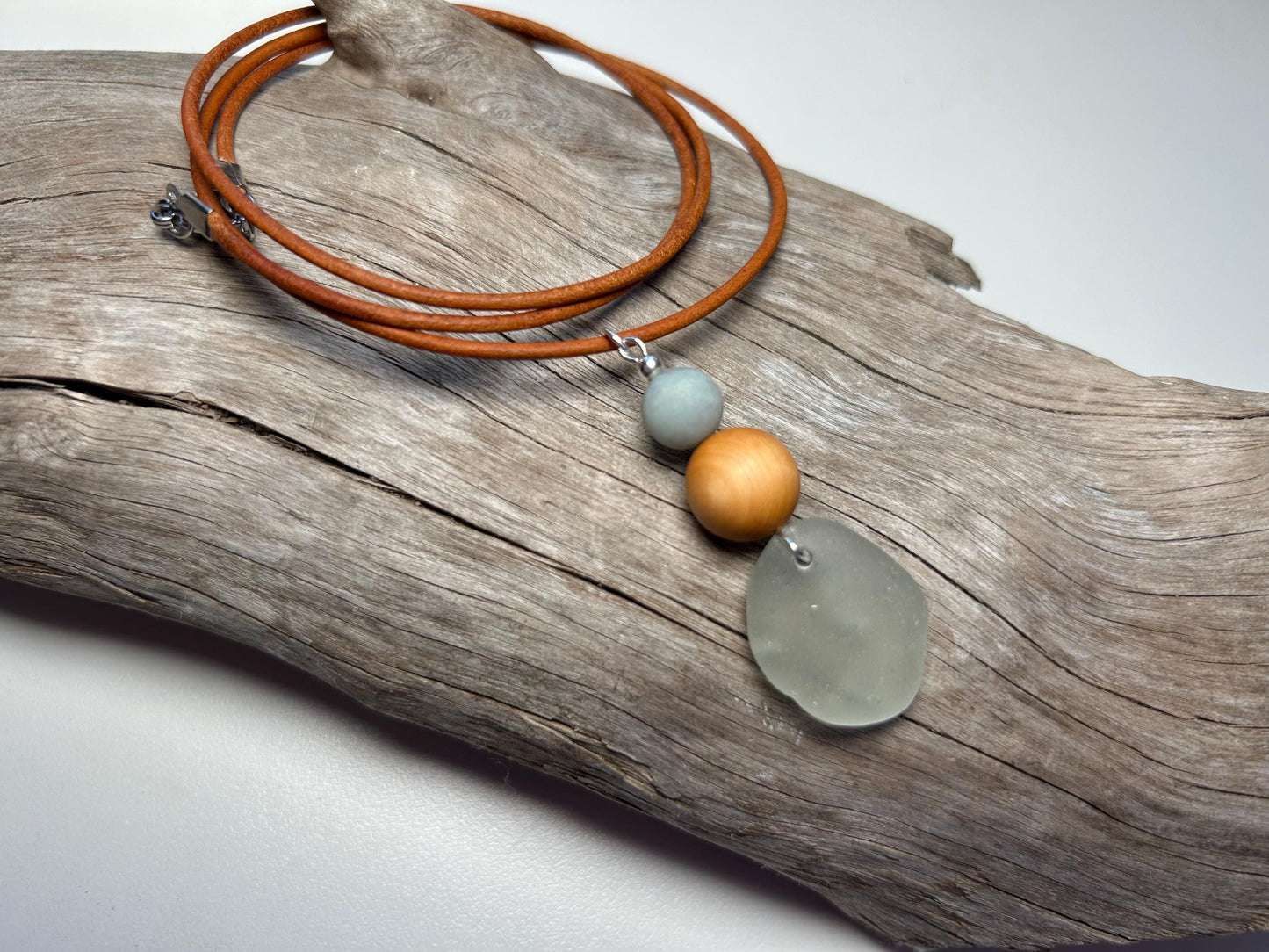 Genuine Sea Glass Lake Superior 24” Amazonite Pendant Genuine Leather Boho Zen Necklace