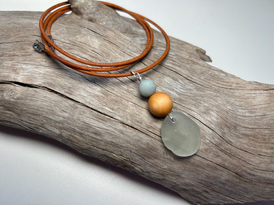 Genuine Sea Glass Lake Superior 24” Amazonite Pendant Genuine Leather Boho Zen Necklace