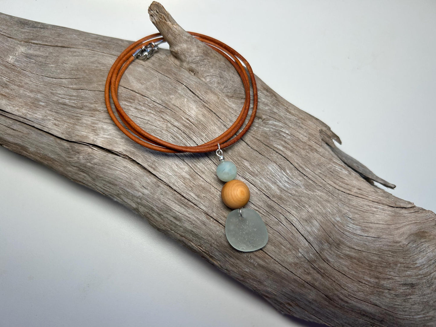 Genuine Sea Glass Lake Superior 24” Amazonite Pendant Genuine Leather Boho Zen Necklace