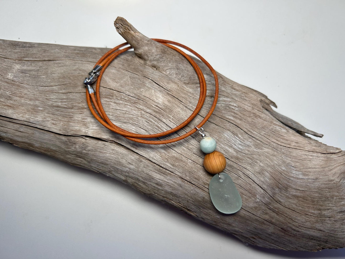 Genuine Sea Glass Lake Superior 24” Amazonite Pendant Genuine Leather Boho Zen Necklace