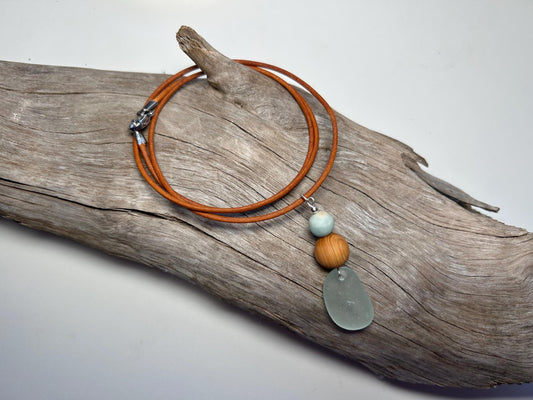 Genuine Sea Glass Lake Superior 24” Amazonite Pendant Genuine Leather Boho Zen Necklace
