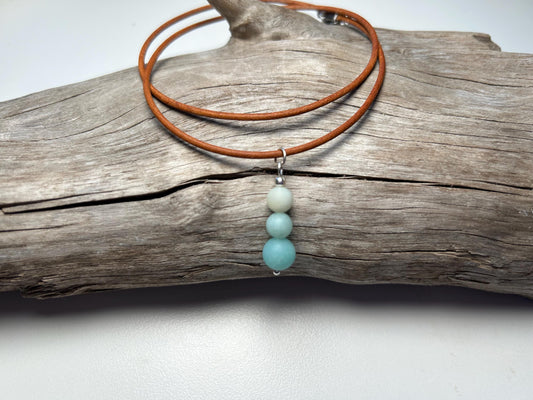 Amazonite Pendant Genuine Leather Stainless Steel Aqua Ombre Boho Zen Necklace