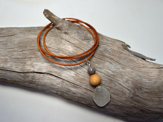 Genuine Sea Glass Lake Superior 24” Yooperlite UV Pendant Genuine Leather Boho Zen Necklace