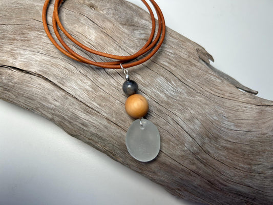 Genuine Sea Glass Lake Superior 24” Yooperlite UV Pendant Genuine Leather Boho Zen Necklace