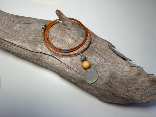 Genuine Sea Glass Lake Superior 24” Yooperlite UV Pendant Genuine Leather Boho Zen Necklace