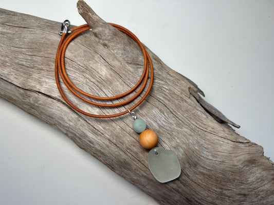 Genuine Sea Glass Lake Superior 24” Amazonite Pendant Genuine Leather Boho Zen Necklace