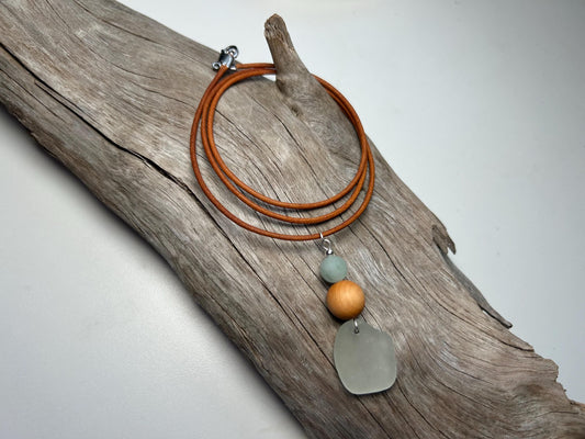 Genuine Sea Glass Lake Superior 24” Amazonite Pendant Genuine Leather Boho Zen Necklace