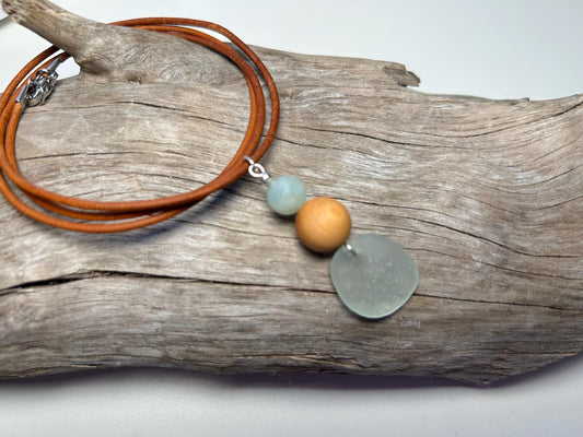 Genuine Sea Glass Lake Superior 24” Amazonite Pendant Genuine Leather Boho Zen Necklace