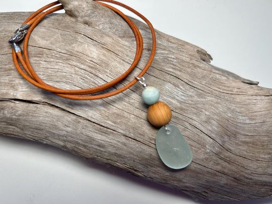 Genuine Sea Glass Lake Superior 24” Amazonite Pendant Genuine Leather Boho Zen Necklace