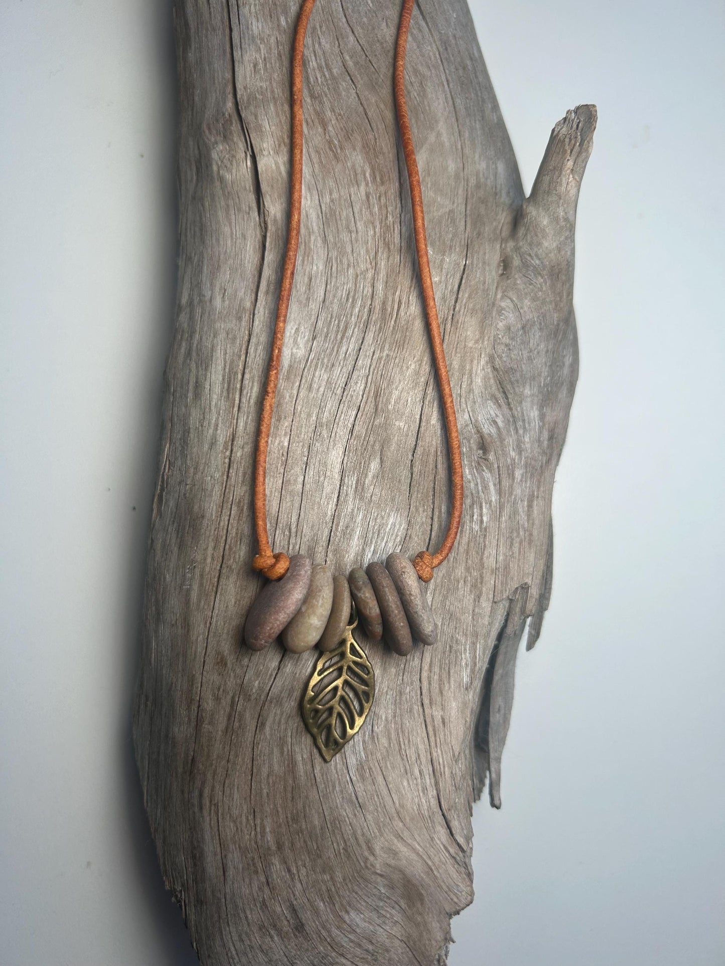 Lake Superior Genuine Leather Flat Cairn Stone Pebble Charm Zen Boho Adjustable Necklace