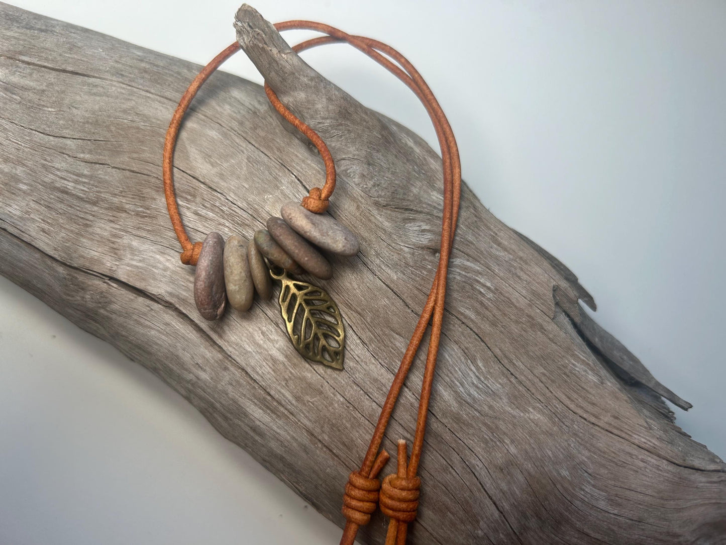 Lake Superior Genuine Leather Flat Cairn Stone Pebble Charm Zen Boho Adjustable Necklace