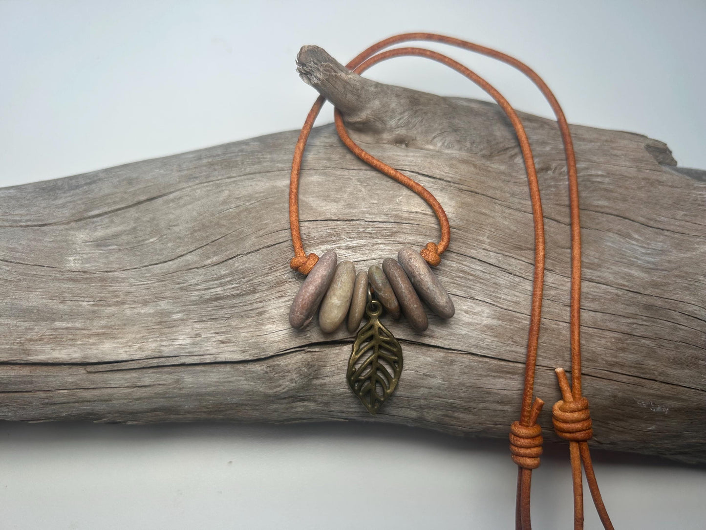 Lake Superior Genuine Leather Flat Cairn Stone Pebble Charm Zen Boho Adjustable Necklace