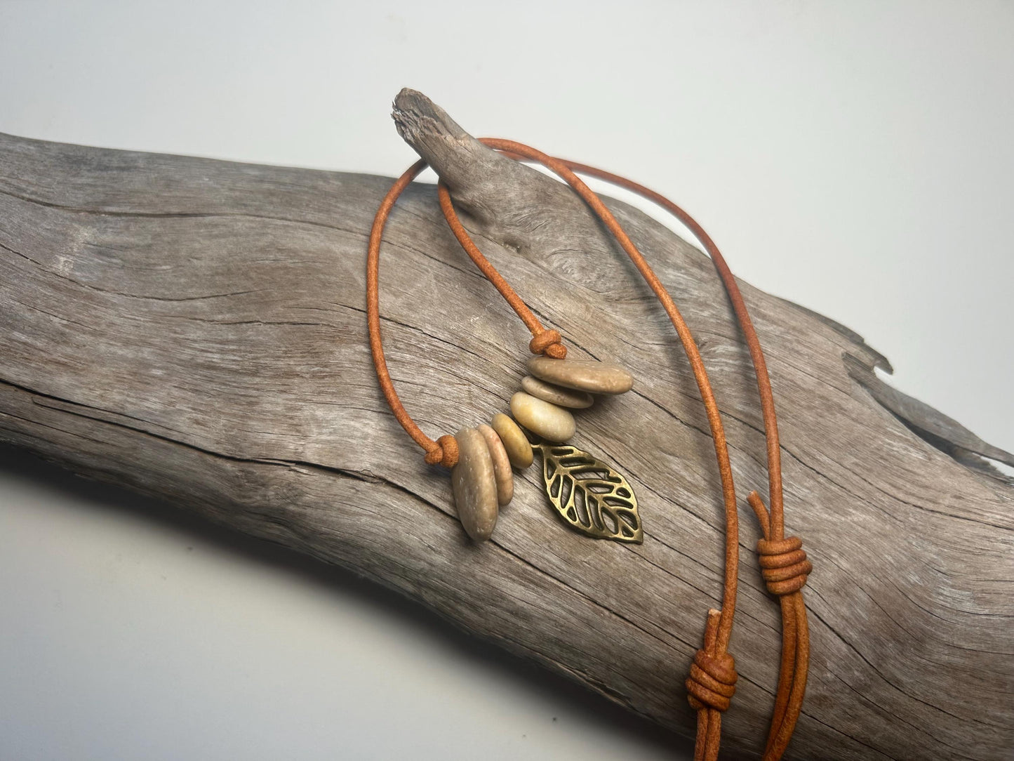 Lake Superior Genuine Leather Flat Cairn Stone Pebble Charm Zen Boho Adjustable Necklace