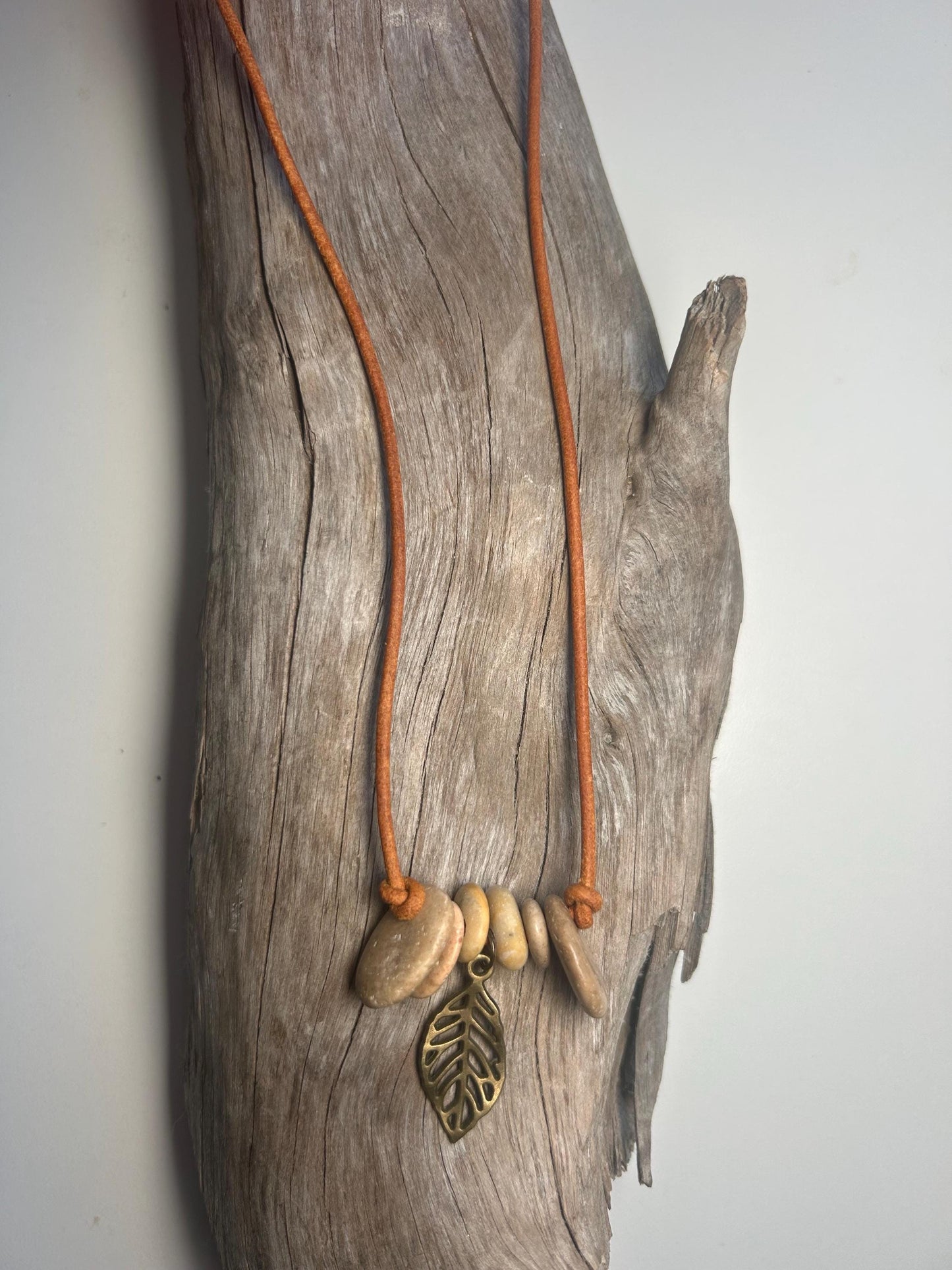 Lake Superior Genuine Leather Flat Cairn Stone Pebble Charm Zen Boho Adjustable Necklace