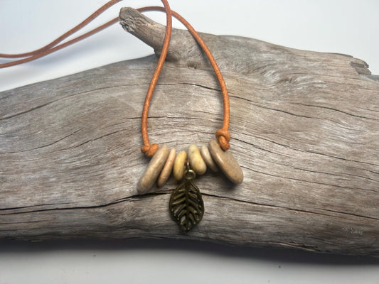 Lake Superior Genuine Leather Flat Cairn Stone Pebble Charm Zen Boho Adjustable Necklace
