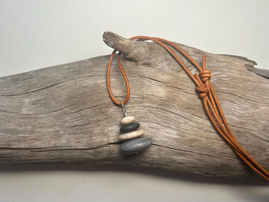 Lake Superior Genuine Leather Flat Cairn Stone Pebble Zen Boho Adjustable Necklace