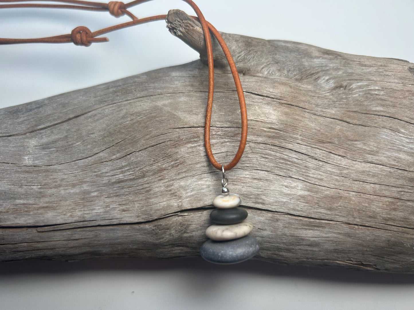 Lake Superior Genuine Leather Flat Cairn Stone Pebble Zen Boho Adjustable Necklace