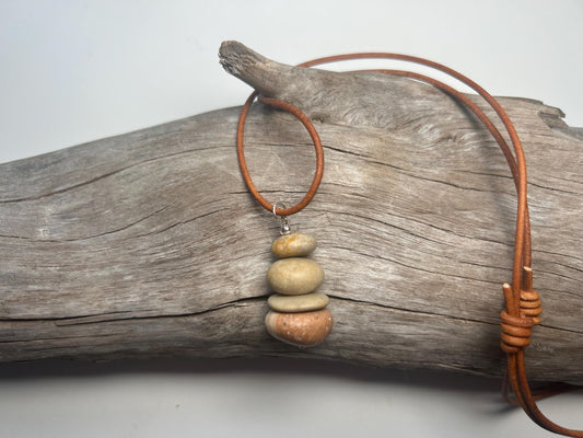 Lake Superior Genuine Leather Flat Cairn Stone Pebble Zen Boho Adjustable Necklace