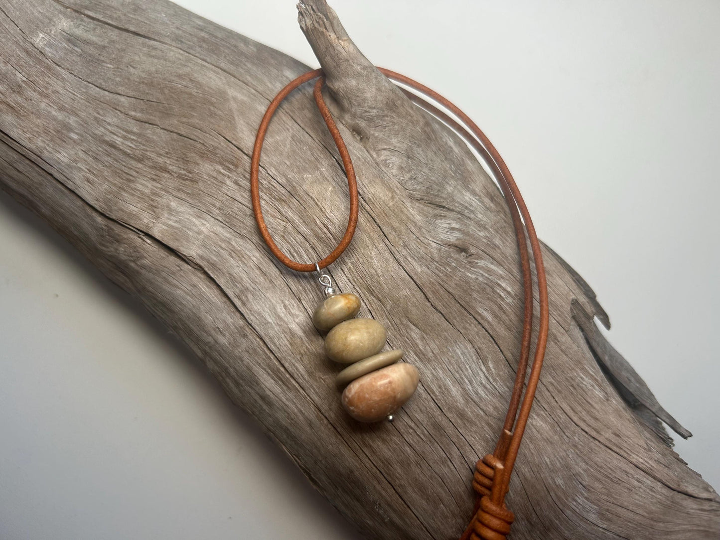 Lake Superior Genuine Leather Flat Cairn Stone Pebble Zen Boho Adjustable Necklace