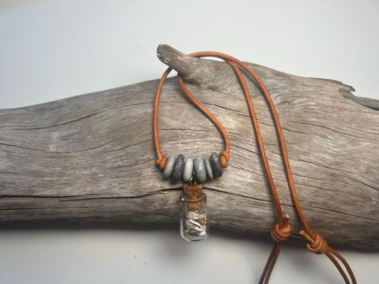 Lake Superior Genuine Leather Flat Cairn Stone Pebble Charm Zen Boho Adjustable Necklace