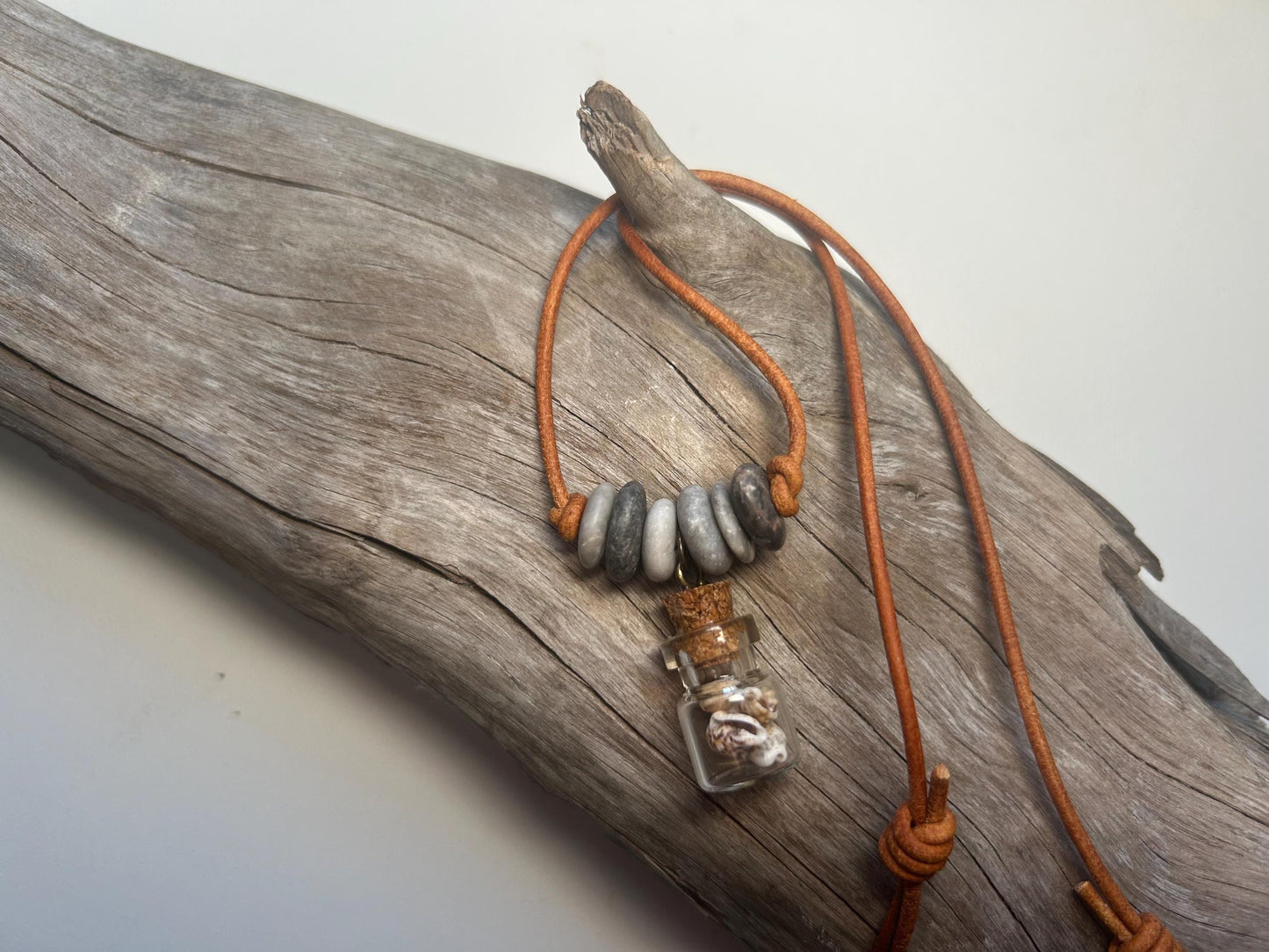 Lake Superior Genuine Leather Flat Cairn Stone Pebble Charm Zen Boho Adjustable Necklace