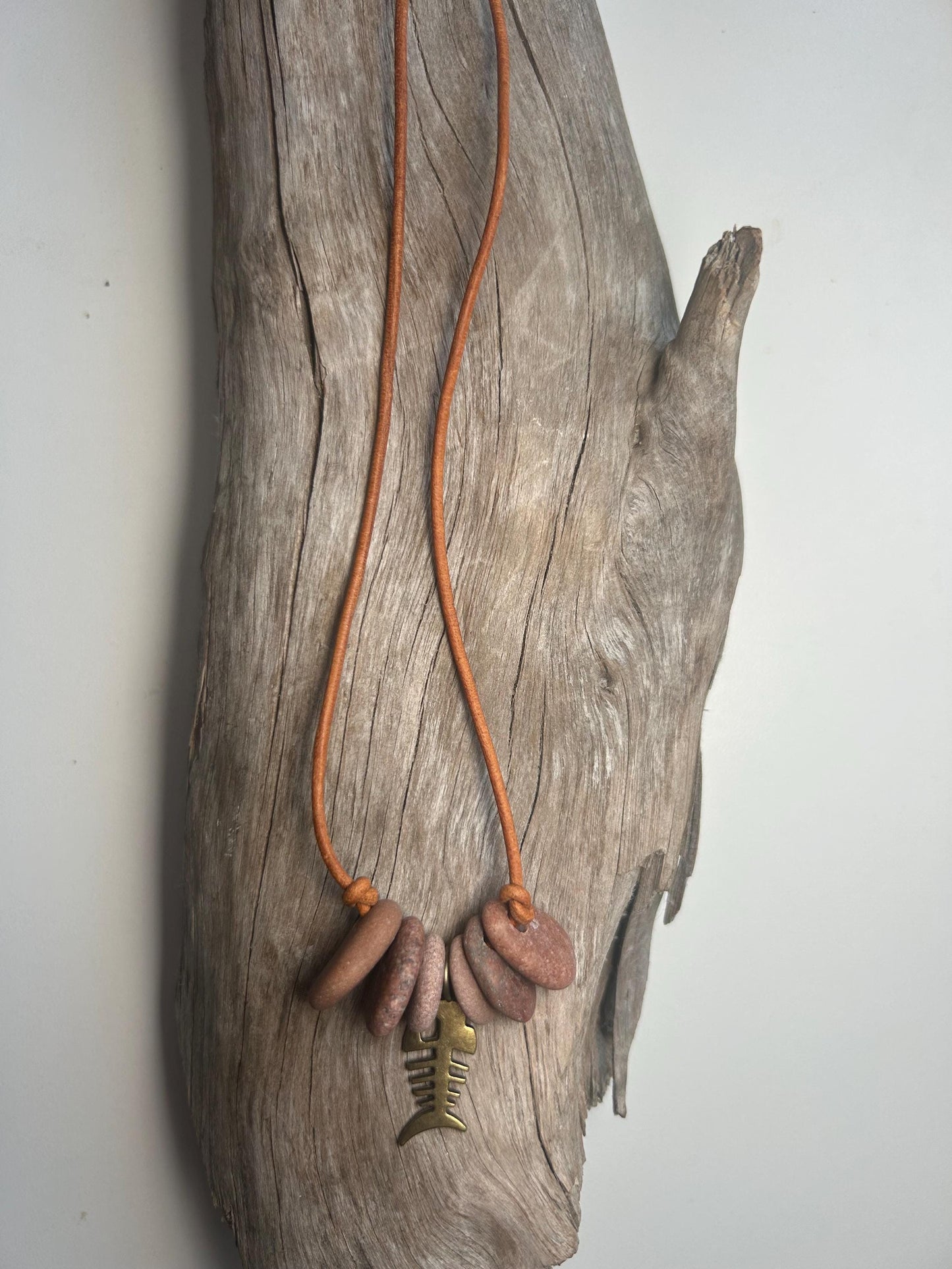 Lake Superior Genuine Leather Flat Cairn Stone Pebble Charm Zen Boho Adjustable Necklace