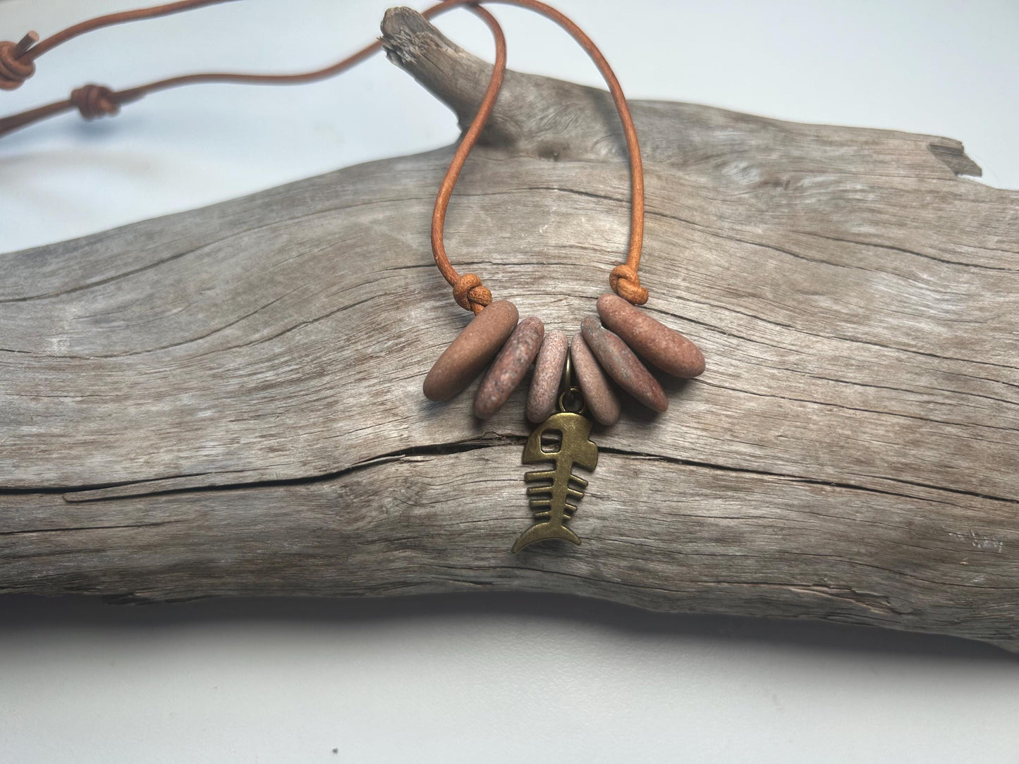 Lake Superior Genuine Leather Flat Cairn Stone Pebble Charm Zen Boho Adjustable Necklace