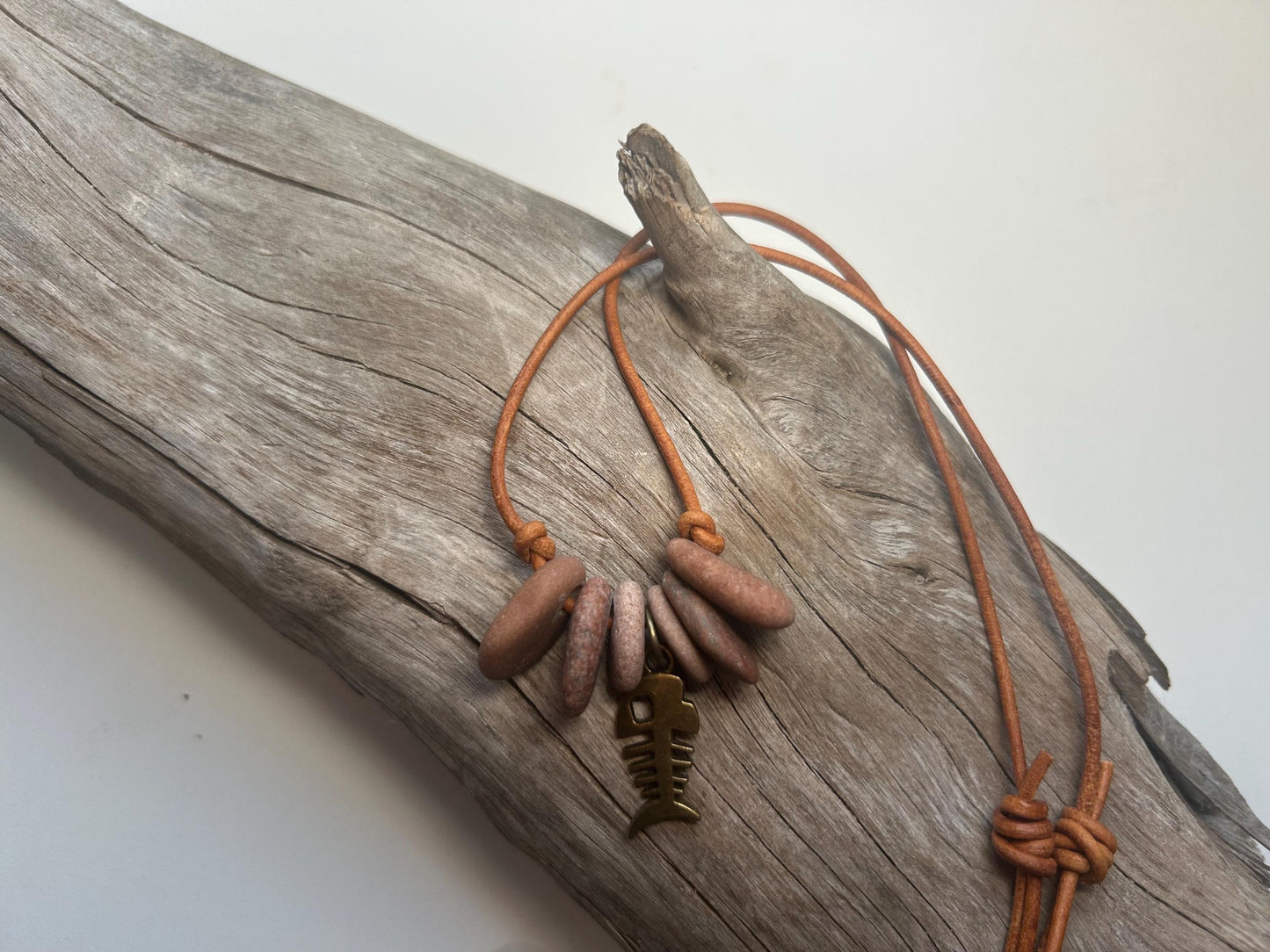 Lake Superior Genuine Leather Flat Cairn Stone Pebble Charm Zen Boho Adjustable Necklace