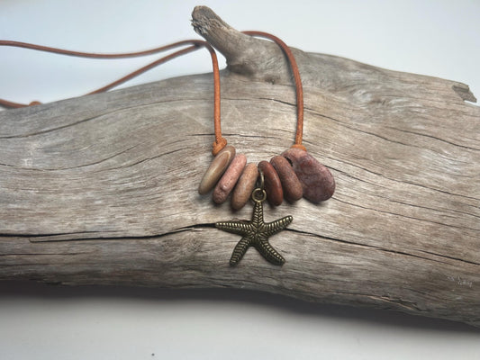 Lake Superior Genuine Leather Flat Cairn Stone Pebble Charm Zen Boho Adjustable Necklace