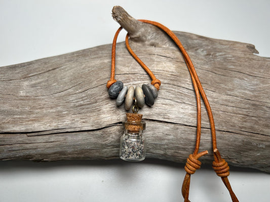 Lake Superior Genuine Leather Flat Cairn Stone Pebble Charm Zen Boho Adjustable Necklace