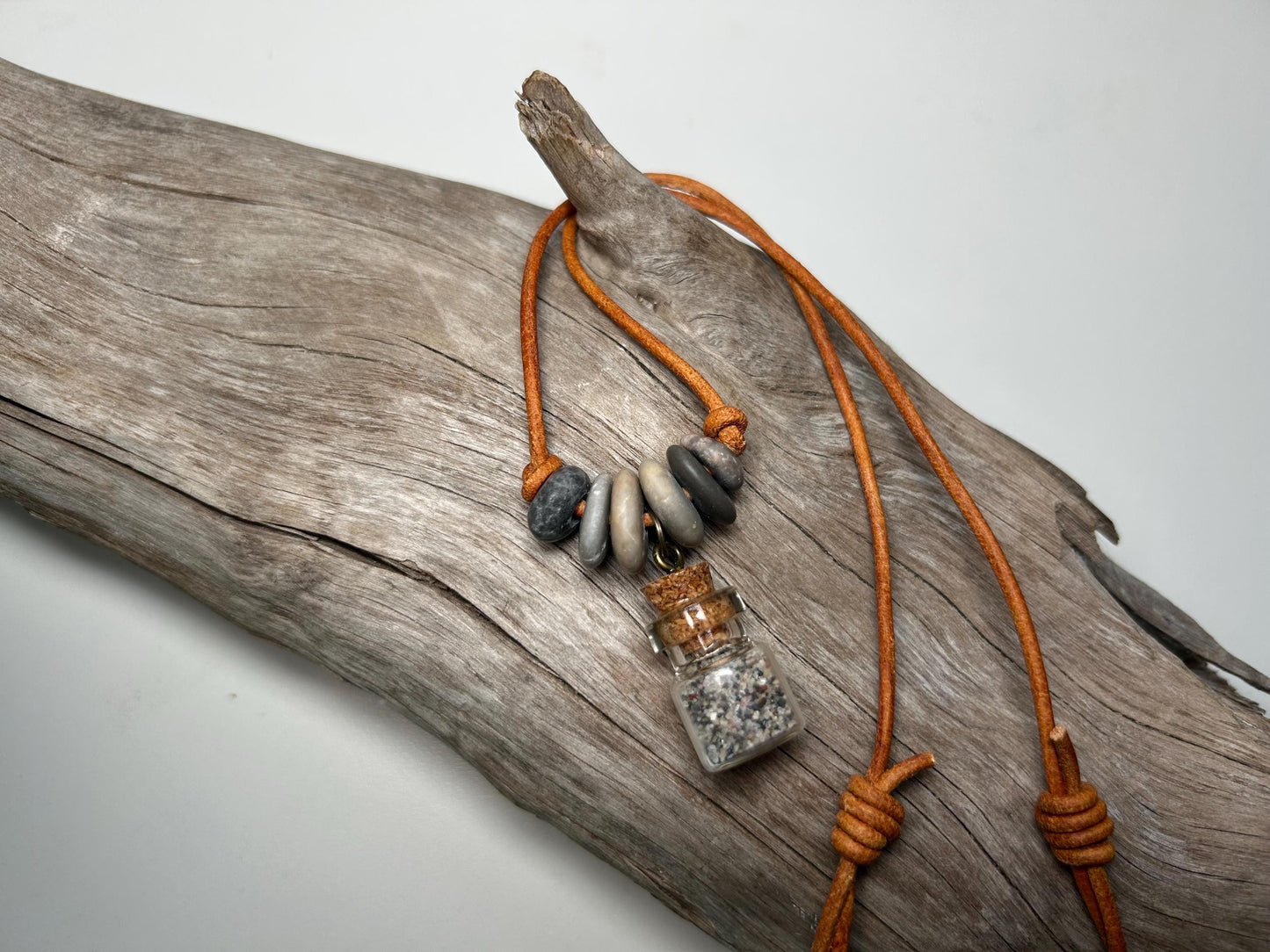 Lake Superior Genuine Leather Flat Cairn Stone Pebble Charm Zen Boho Adjustable Necklace