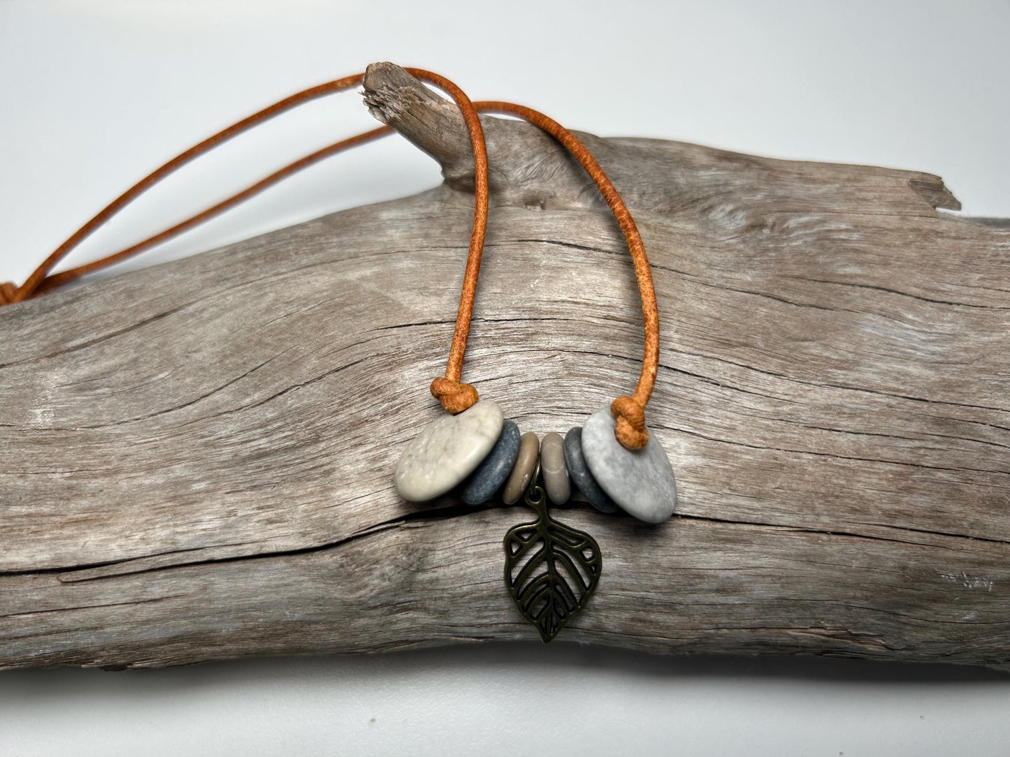 Lake Superior Genuine Leather Flat Cairn Stone Pebble Charm Zen Boho Adjustable Necklace