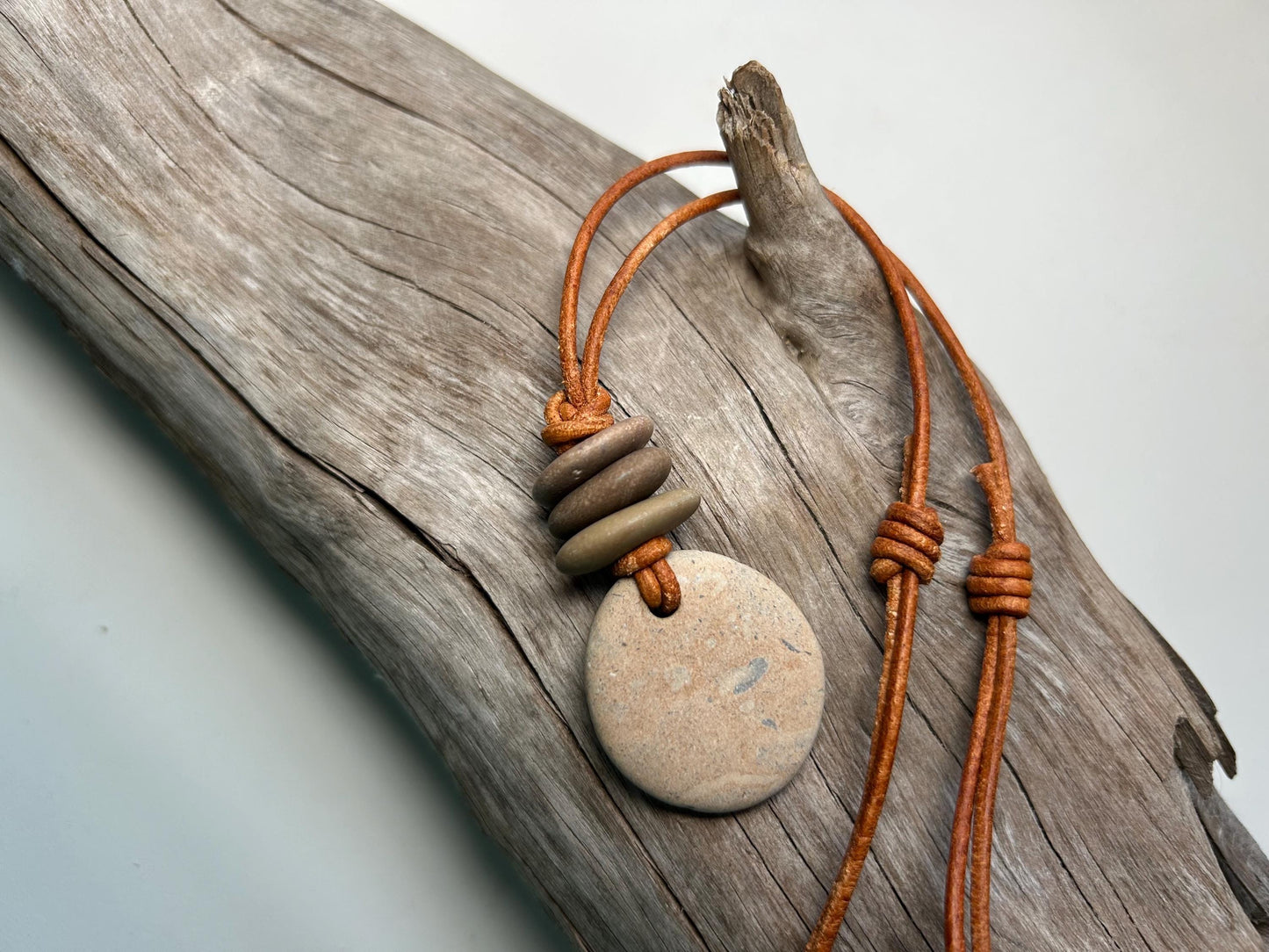 Lake Superior Genuine Leather Flat Cairn Stone Pebble Zen Boho Adjustable Necklace