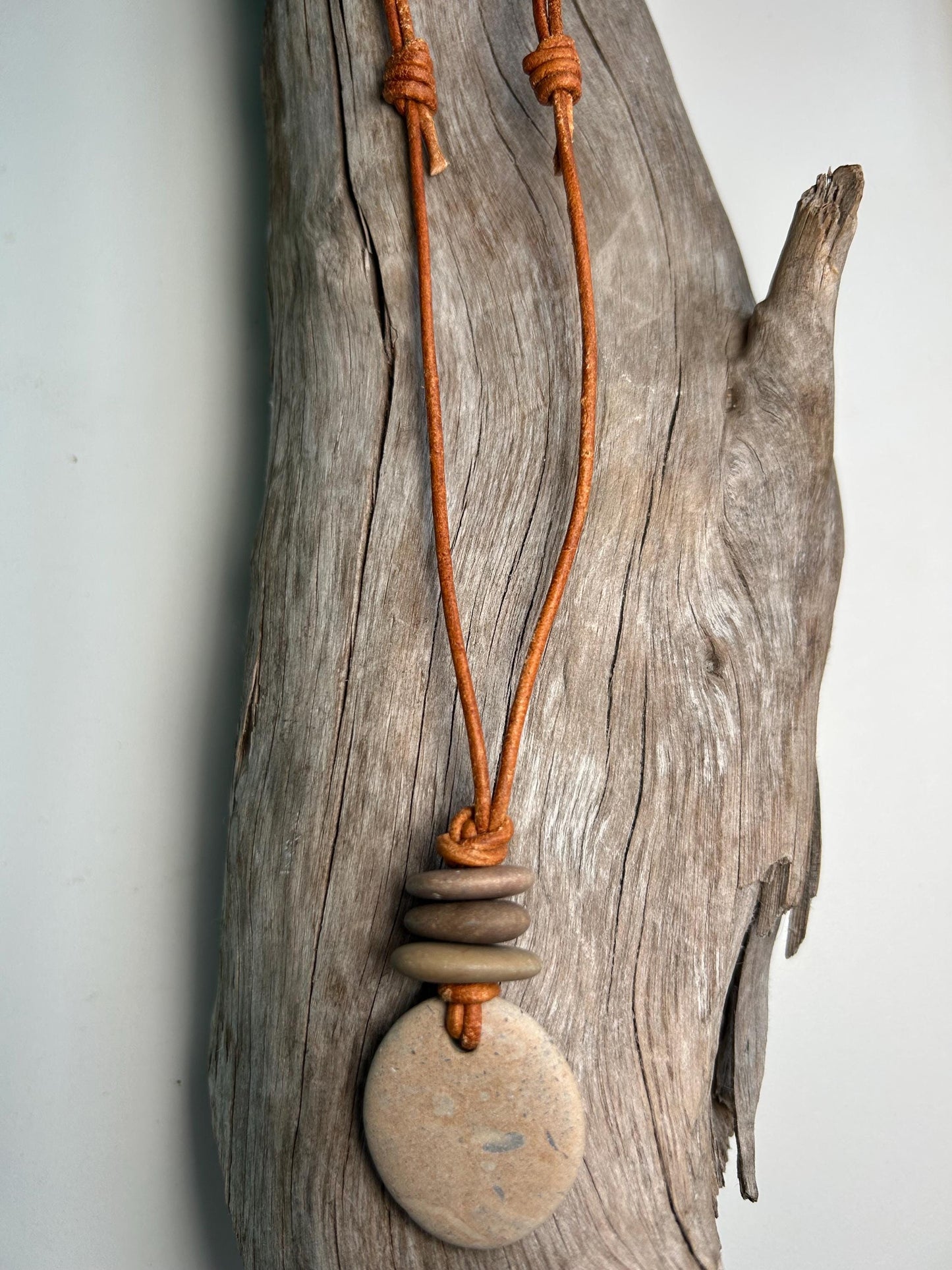 Lake Superior Genuine Leather Flat Cairn Stone Pebble Zen Boho Adjustable Necklace