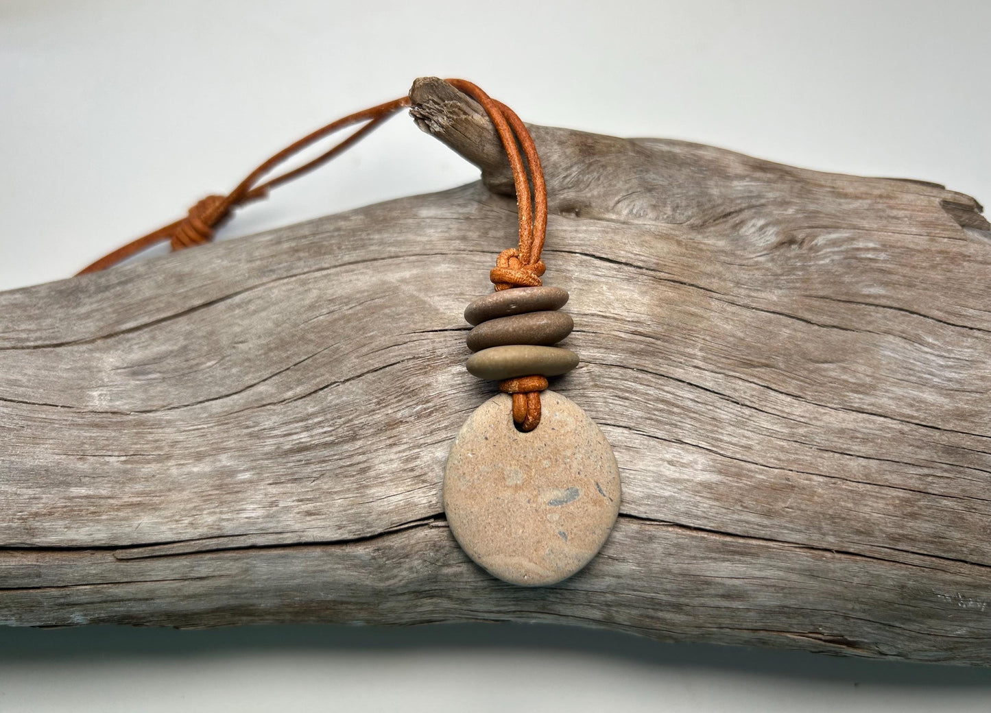 Lake Superior Genuine Leather Flat Cairn Stone Pebble Zen Boho Adjustable Necklace