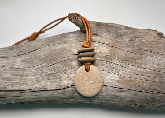 Lake Superior Genuine Leather Flat Cairn Stone Pebble Zen Boho Adjustable Necklace