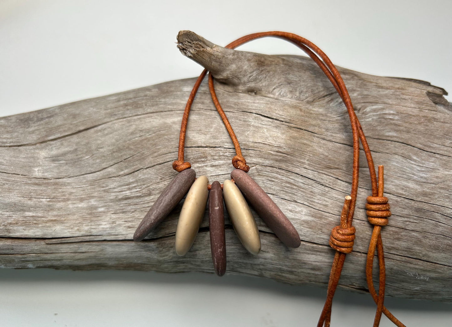 Lake Superior Genuine Leather Flat Cairn Stone Pebble Zen Boho Adjustable Necklace