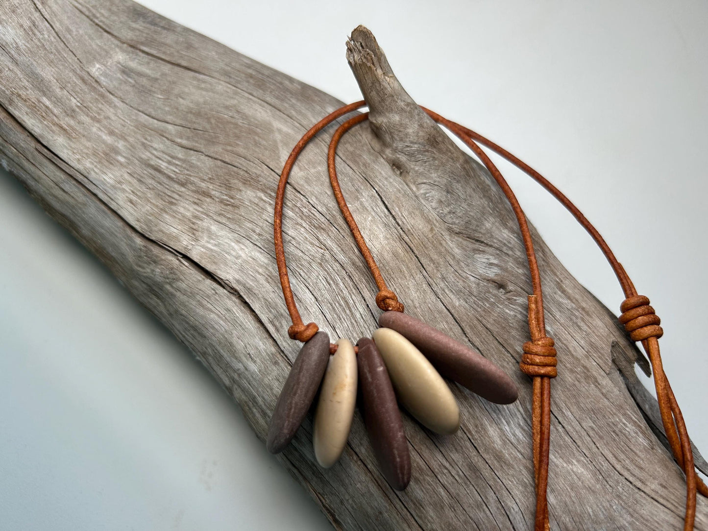 Lake Superior Genuine Leather Flat Cairn Stone Pebble Zen Boho Adjustable Necklace