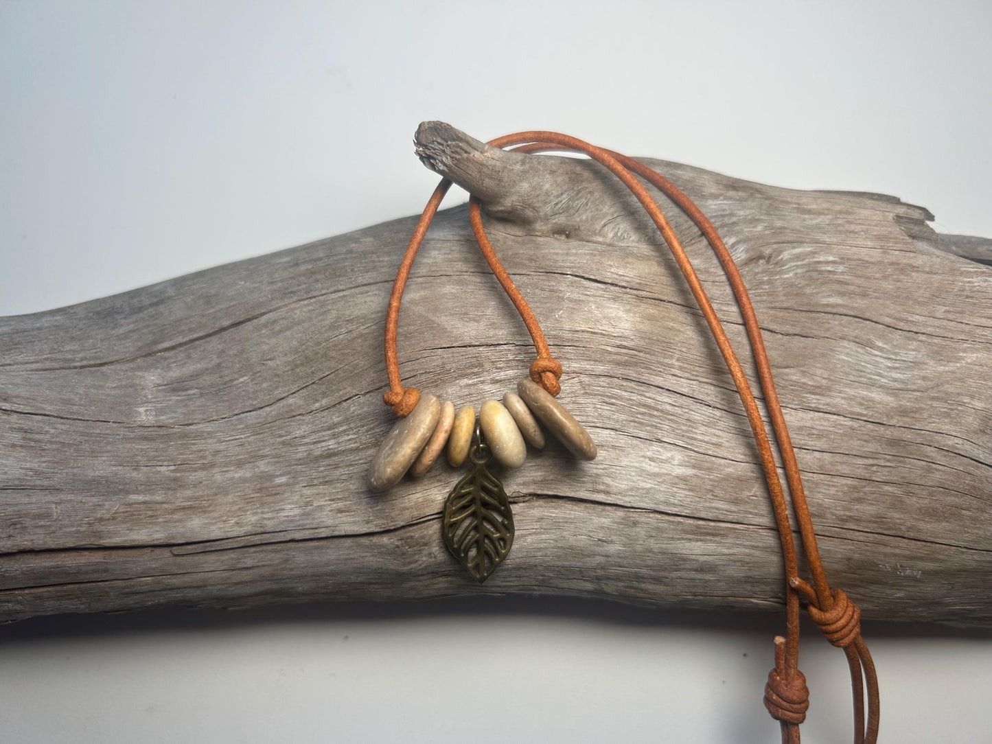 Lake Superior Genuine Leather Flat Cairn Stone Pebble Charm Zen Boho Adjustable Necklace