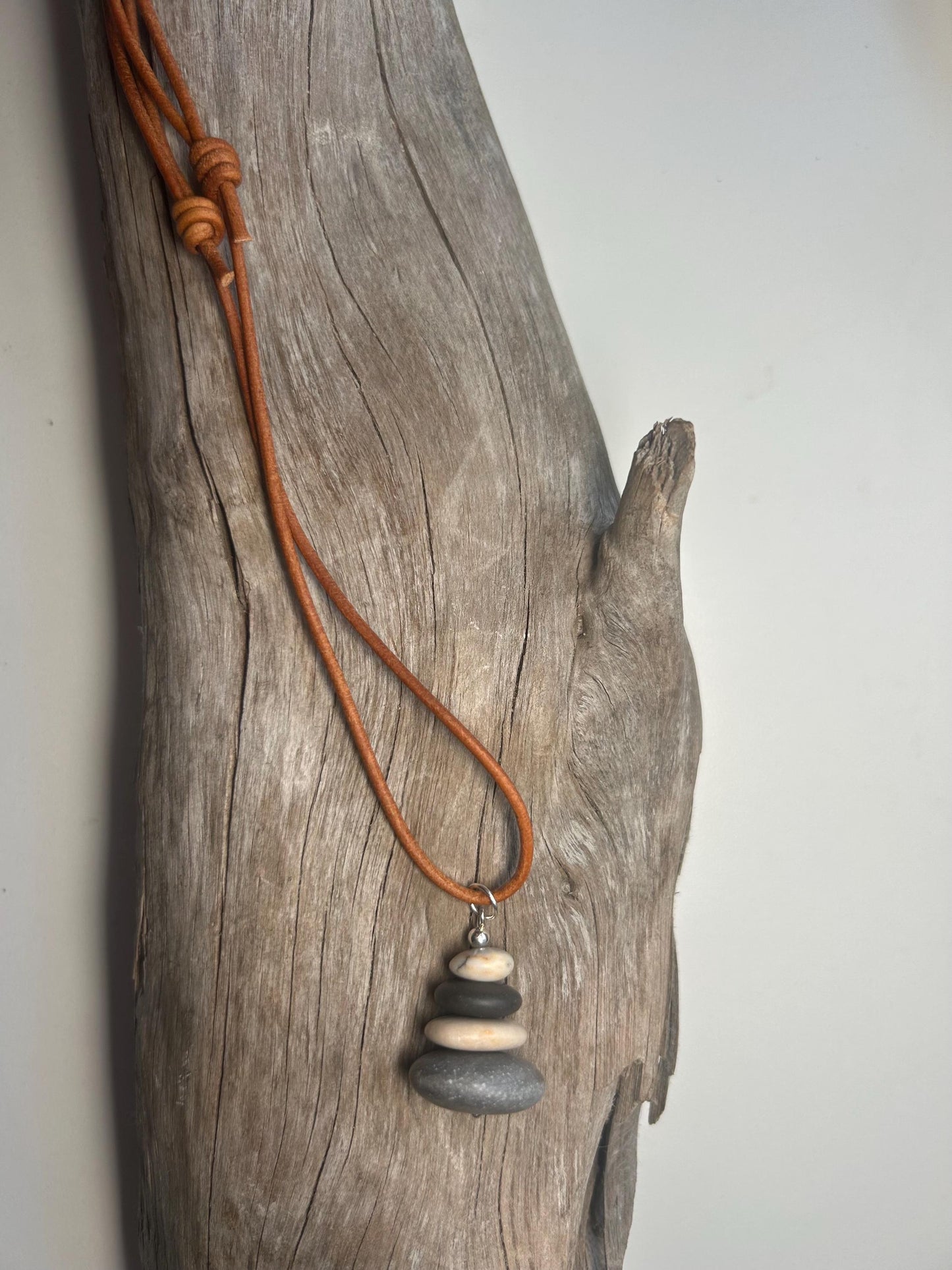 Lake Superior Genuine Leather Flat Cairn Stone Pebble Zen Boho Adjustable Necklace