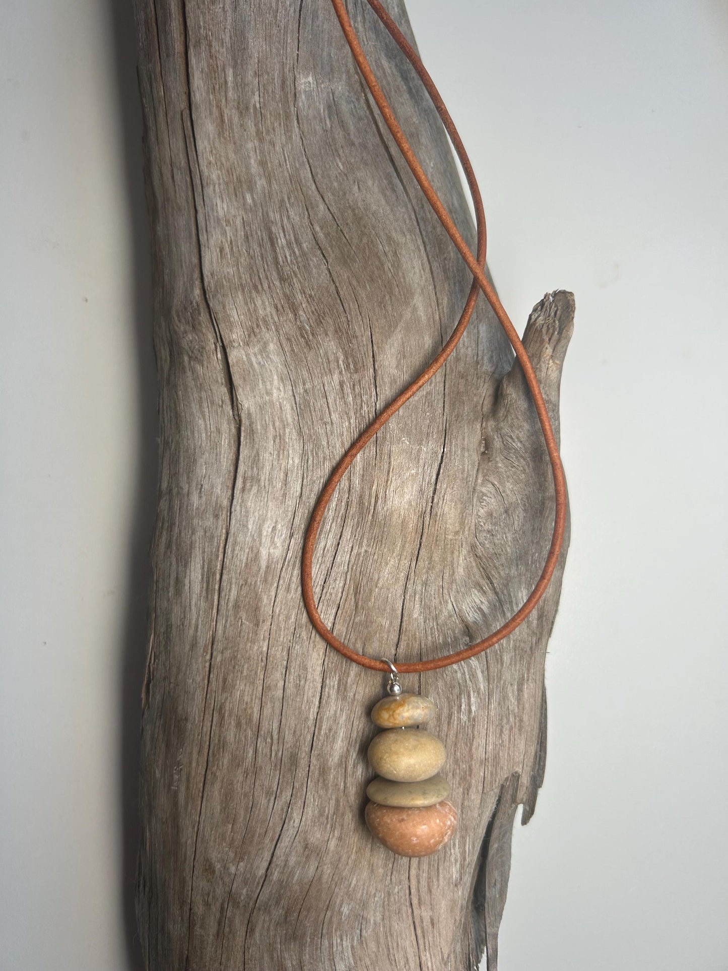 Lake Superior Genuine Leather Flat Cairn Stone Pebble Zen Boho Adjustable Necklace