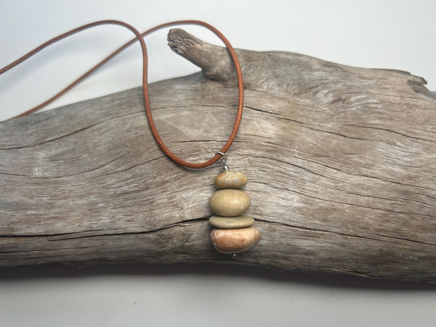 Lake Superior Genuine Leather Flat Cairn Stone Pebble Zen Boho Adjustable Necklace