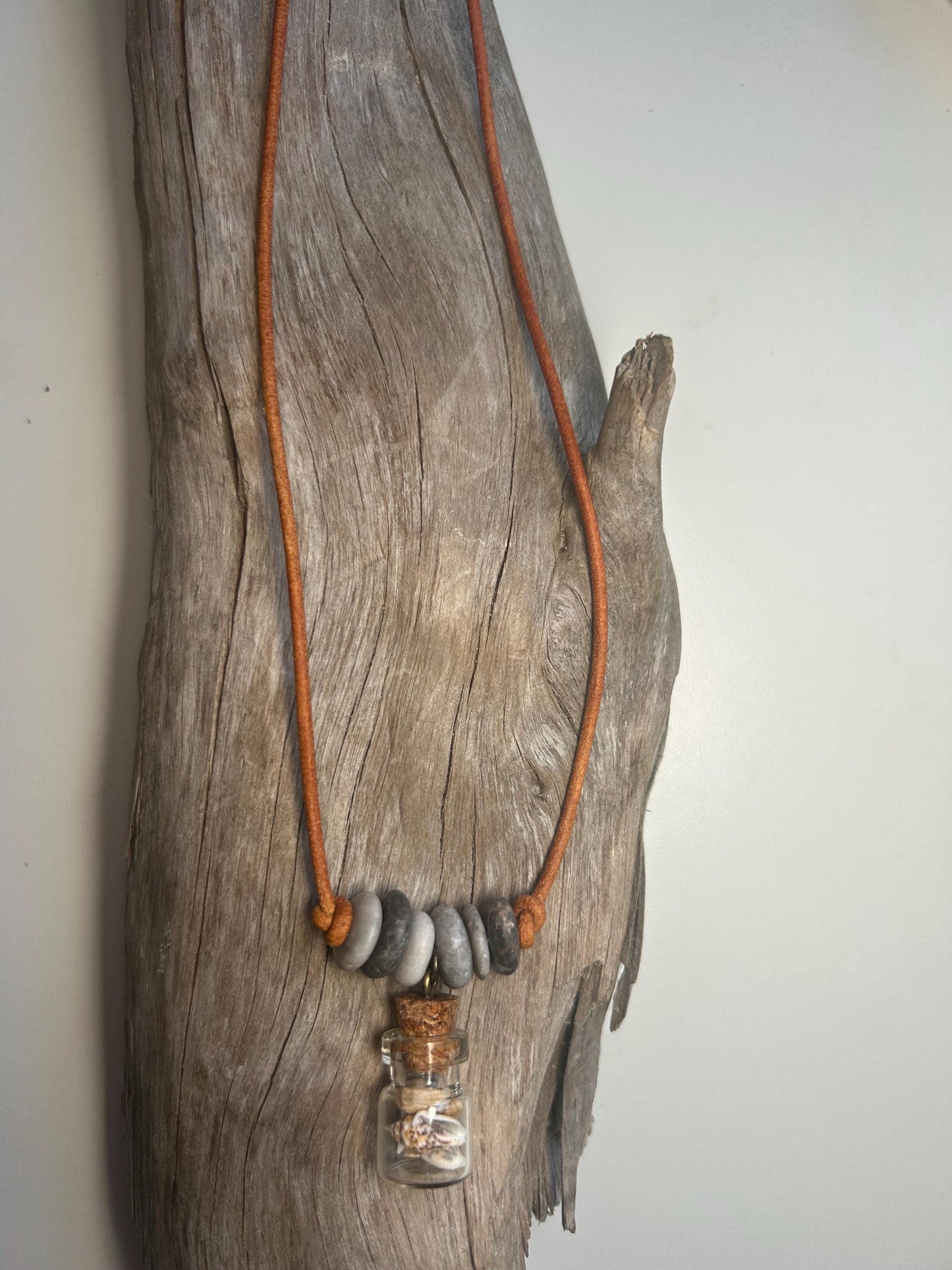 Lake Superior Genuine Leather Flat Cairn Stone Pebble Charm Zen Boho Adjustable Necklace