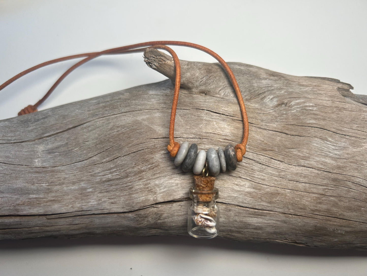Lake Superior Genuine Leather Flat Cairn Stone Pebble Charm Zen Boho Adjustable Necklace