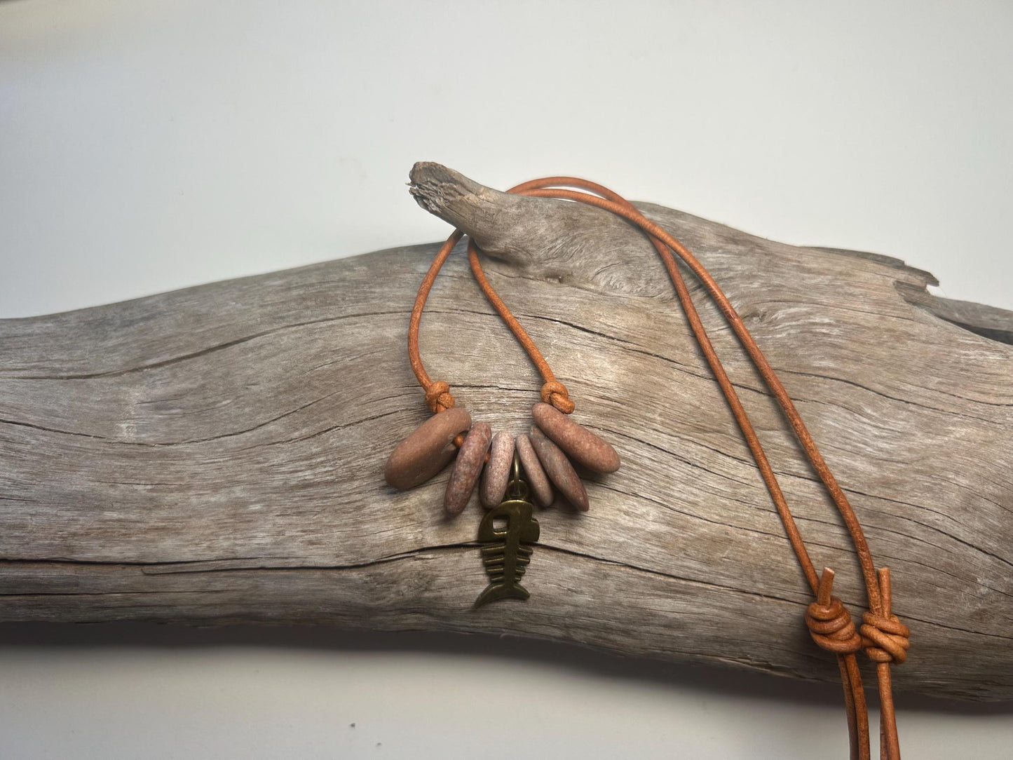 Lake Superior Genuine Leather Flat Cairn Stone Pebble Charm Zen Boho Adjustable Necklace