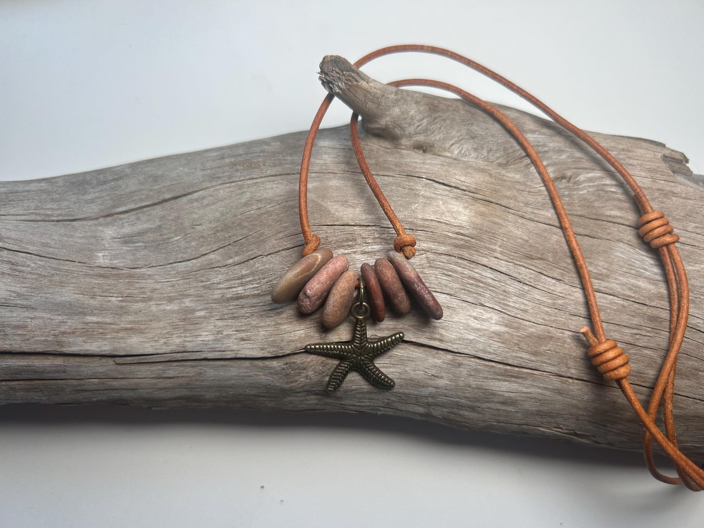 Lake Superior Genuine Leather Flat Cairn Stone Pebble Charm Zen Boho Adjustable Necklace