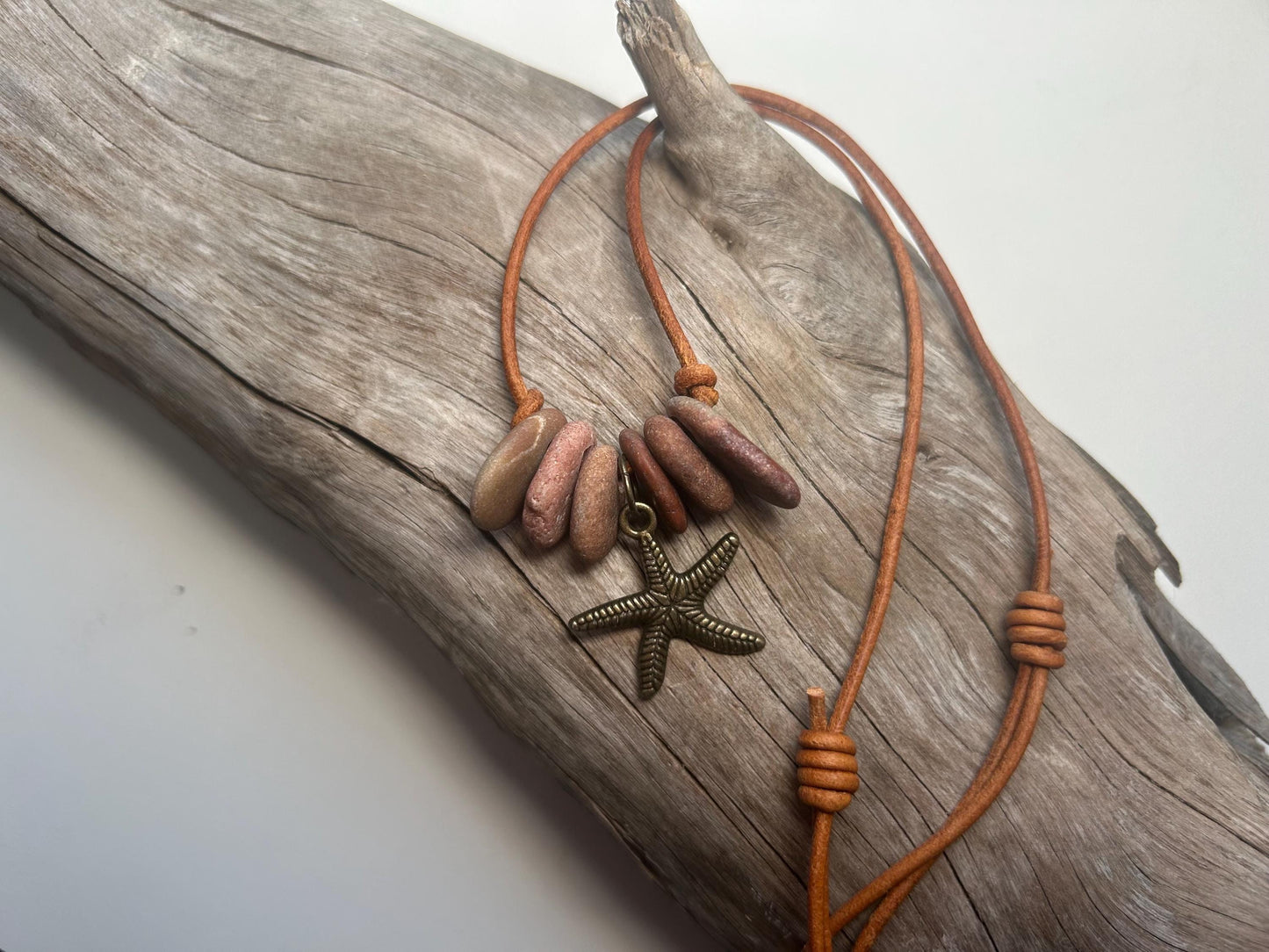 Lake Superior Genuine Leather Flat Cairn Stone Pebble Charm Zen Boho Adjustable Necklace